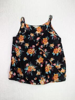 Pink Rose Vintage Floral Tank Top Womens L Black Gold V-Neck Faux Wrap